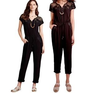 Anthropologie Lilka Ravanna Black Crinkle Embroidered Drawstring Waist Jumpsuit